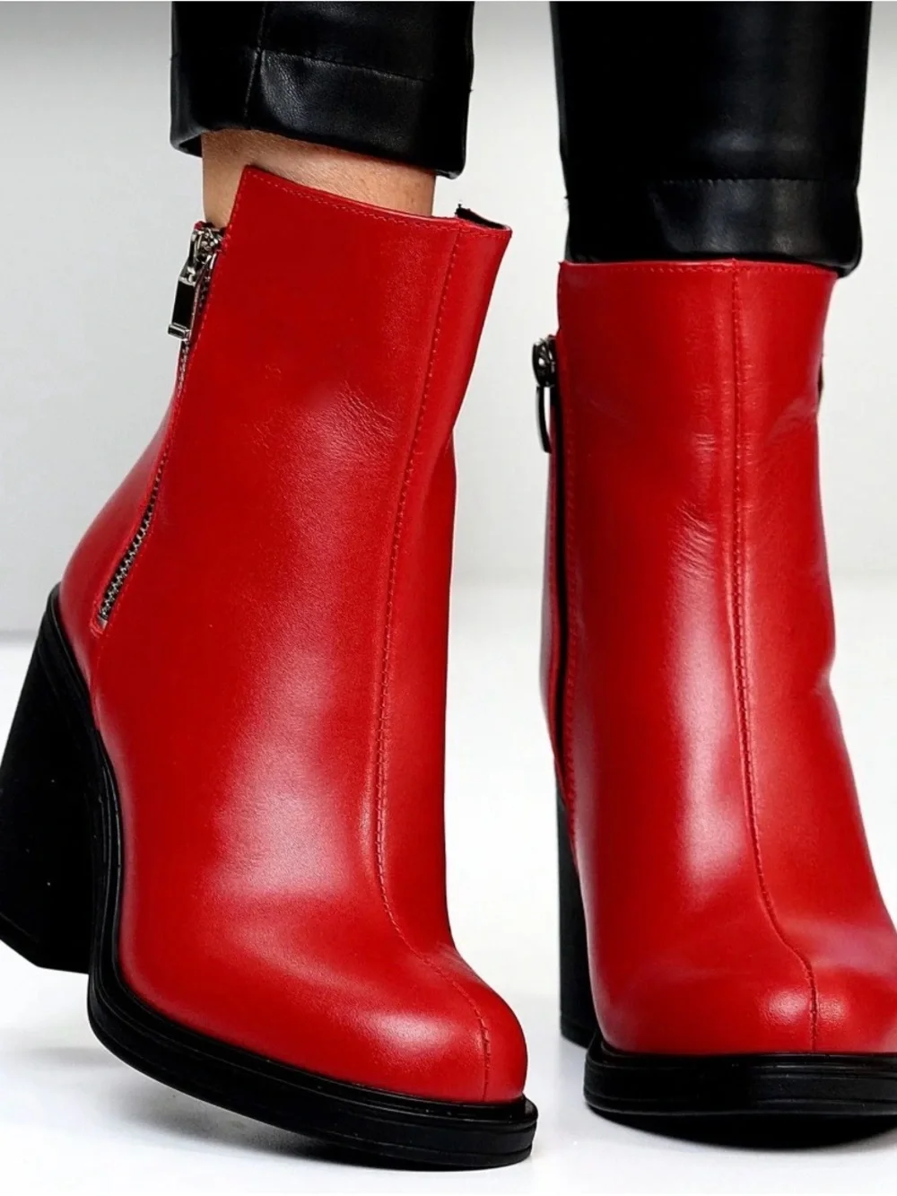 Red Leather Block Heel Ankle Boots - Women size 8